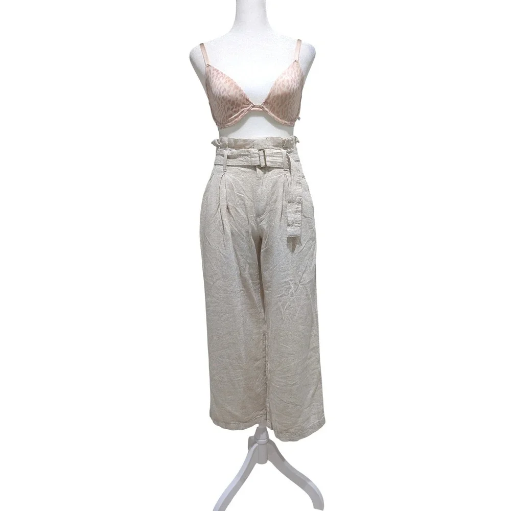 Banana‎ Republic Petite 00 Linen Blend Wide Leg Paperbag Pants Flax Beige Summer